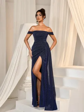 Glitter Off Shoulder Draped Side Split Thigh Formal Evening Dress