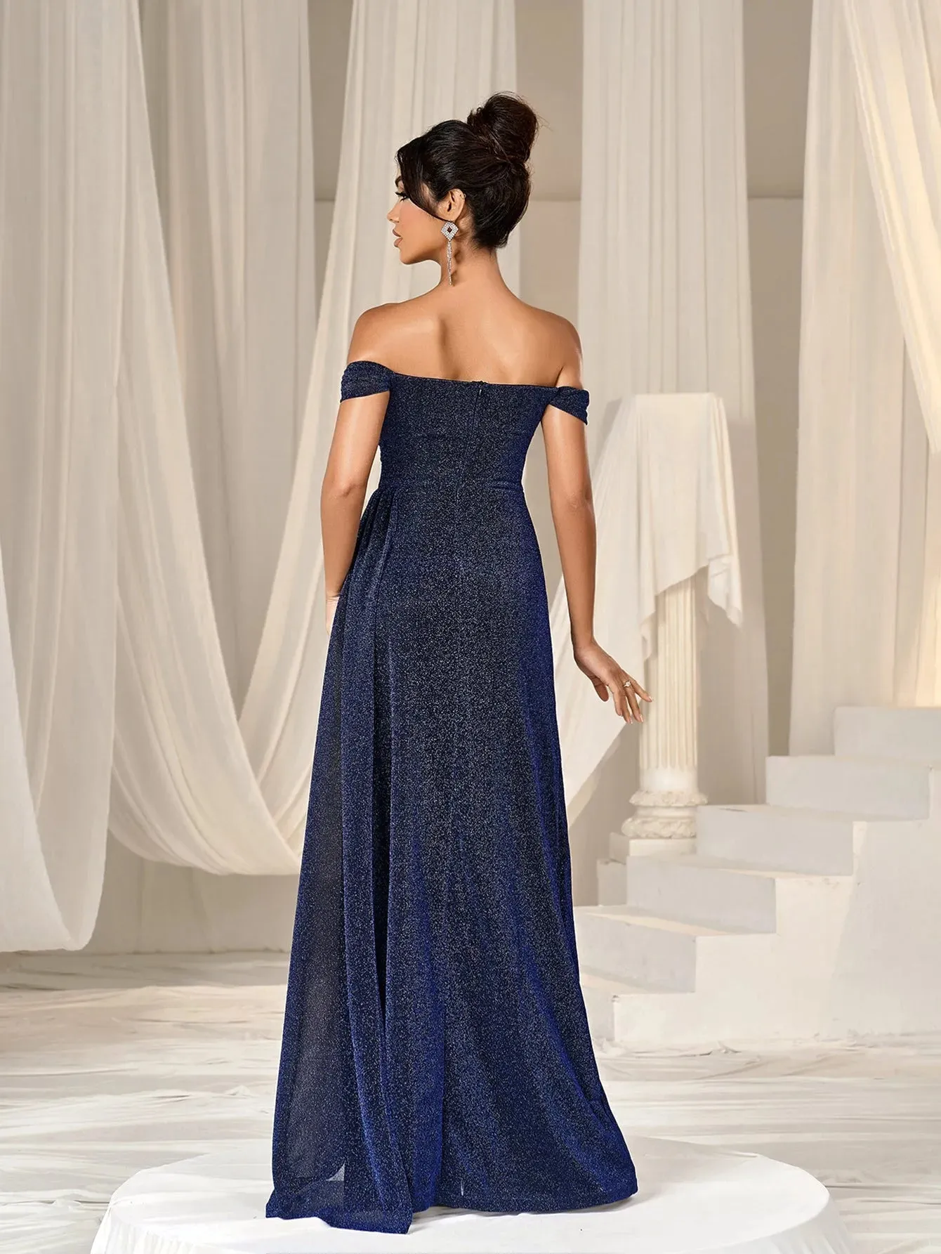 Glitter Off Shoulder Draped Side Split Thigh Formal Evening Dress