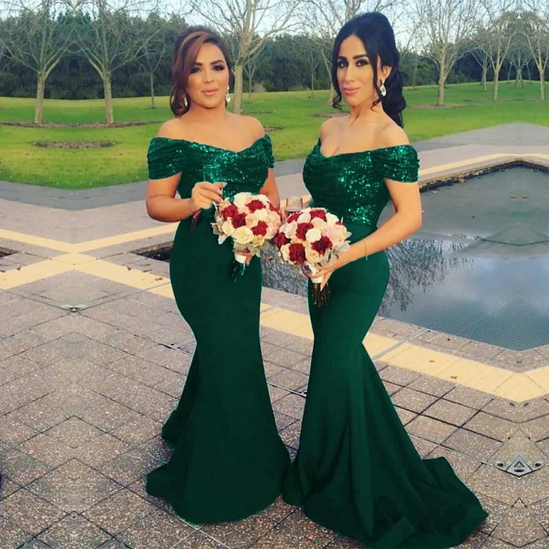 Glitter Sequin V-neck Off The Shoulder Satin Mermaid Bridesmaid Dresses