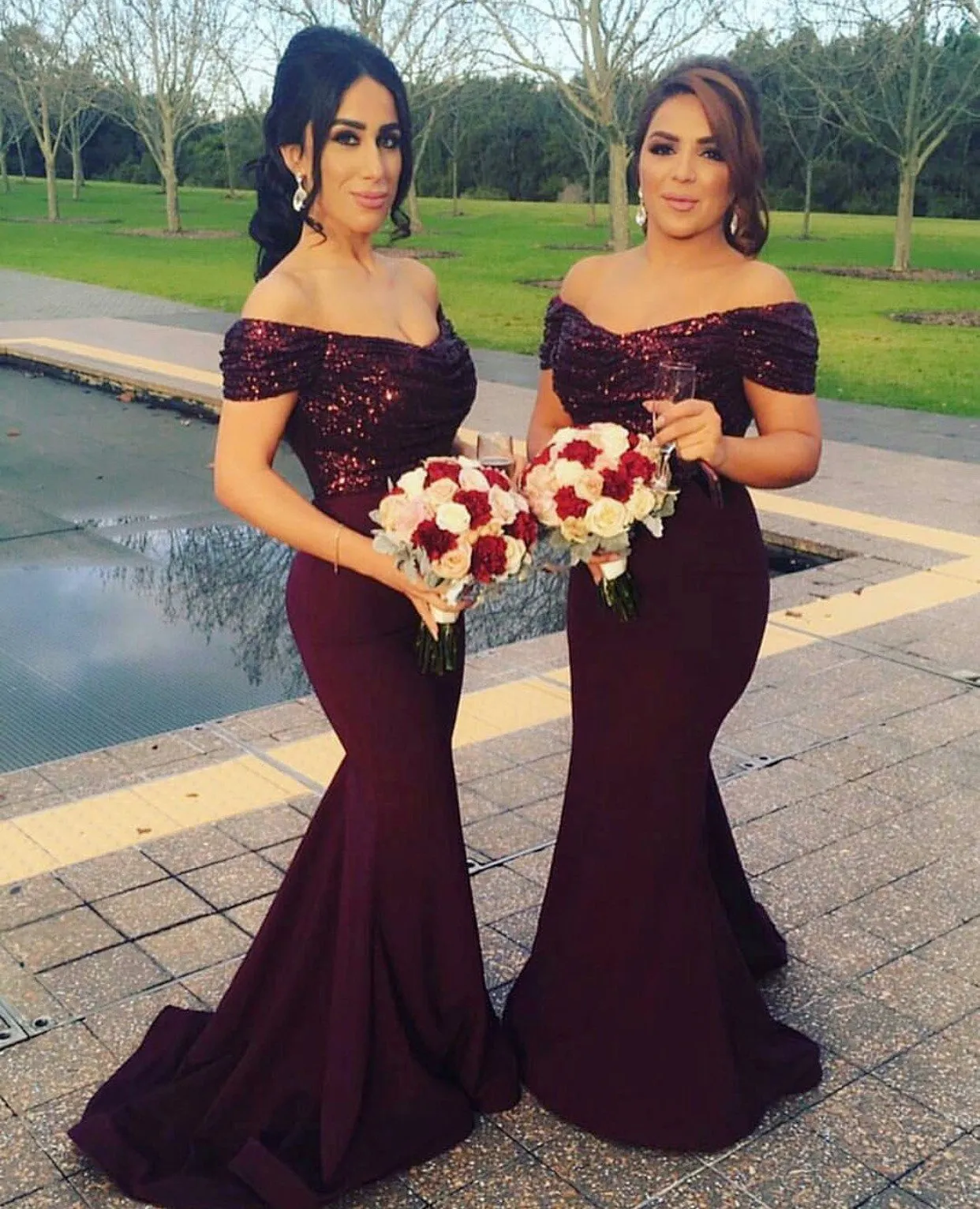 Glitter Sequin V-neck Off The Shoulder Satin Mermaid Bridesmaid Dresses