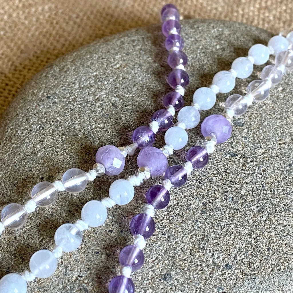 Goddess Mala Necklace with Rose Quartz, Amethyst, and Moonstone Beads