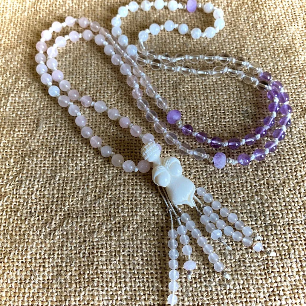 Goddess Mala Necklace with Rose Quartz, Amethyst, and Moonstone Beads