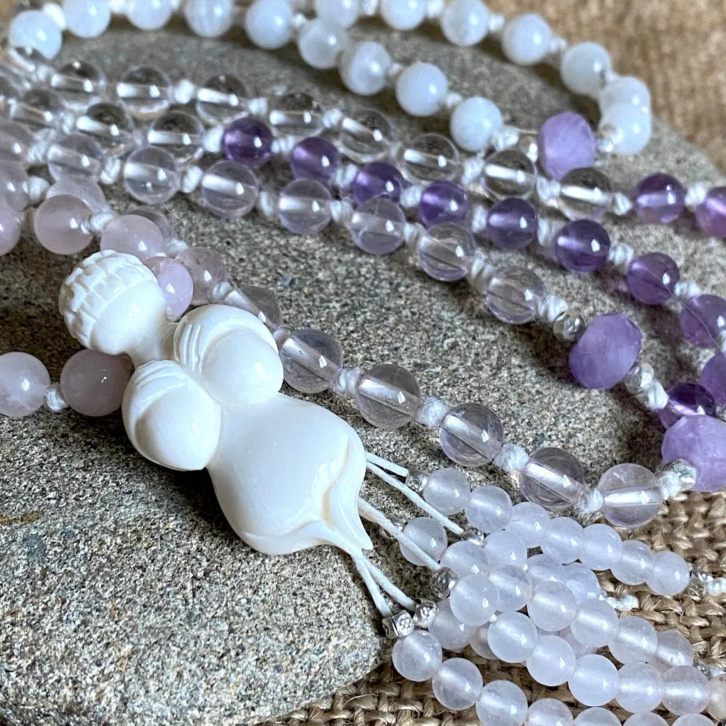 Goddess Mala Necklace with Rose Quartz, Amethyst, and Moonstone Beads