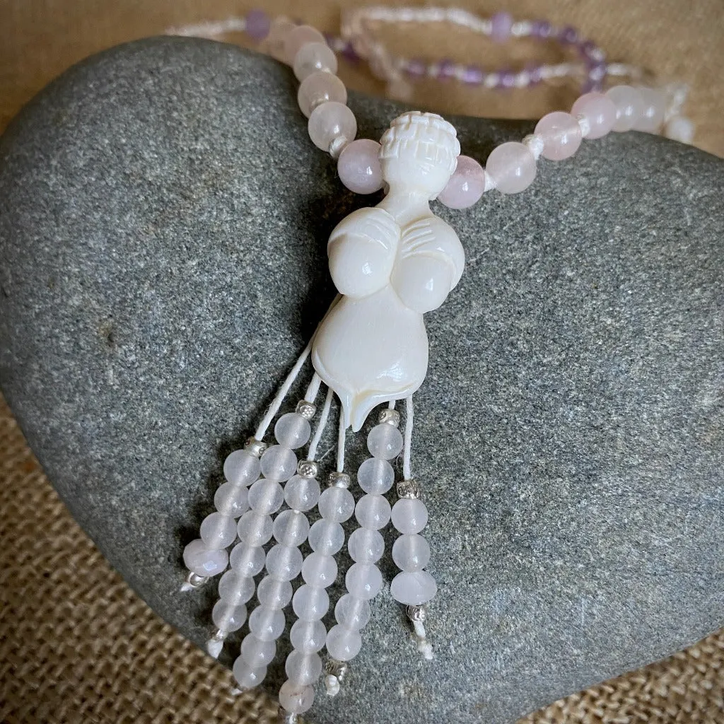 Goddess Mala Necklace with Rose Quartz, Amethyst, and Moonstone Beads