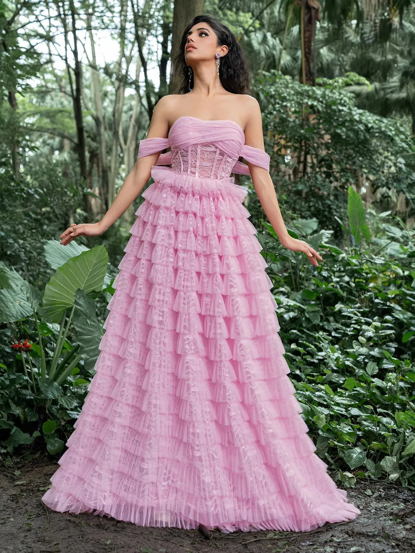 Gorgeous Off-Shoulder Bodice Cascading Ruffle Hem Prom Dress