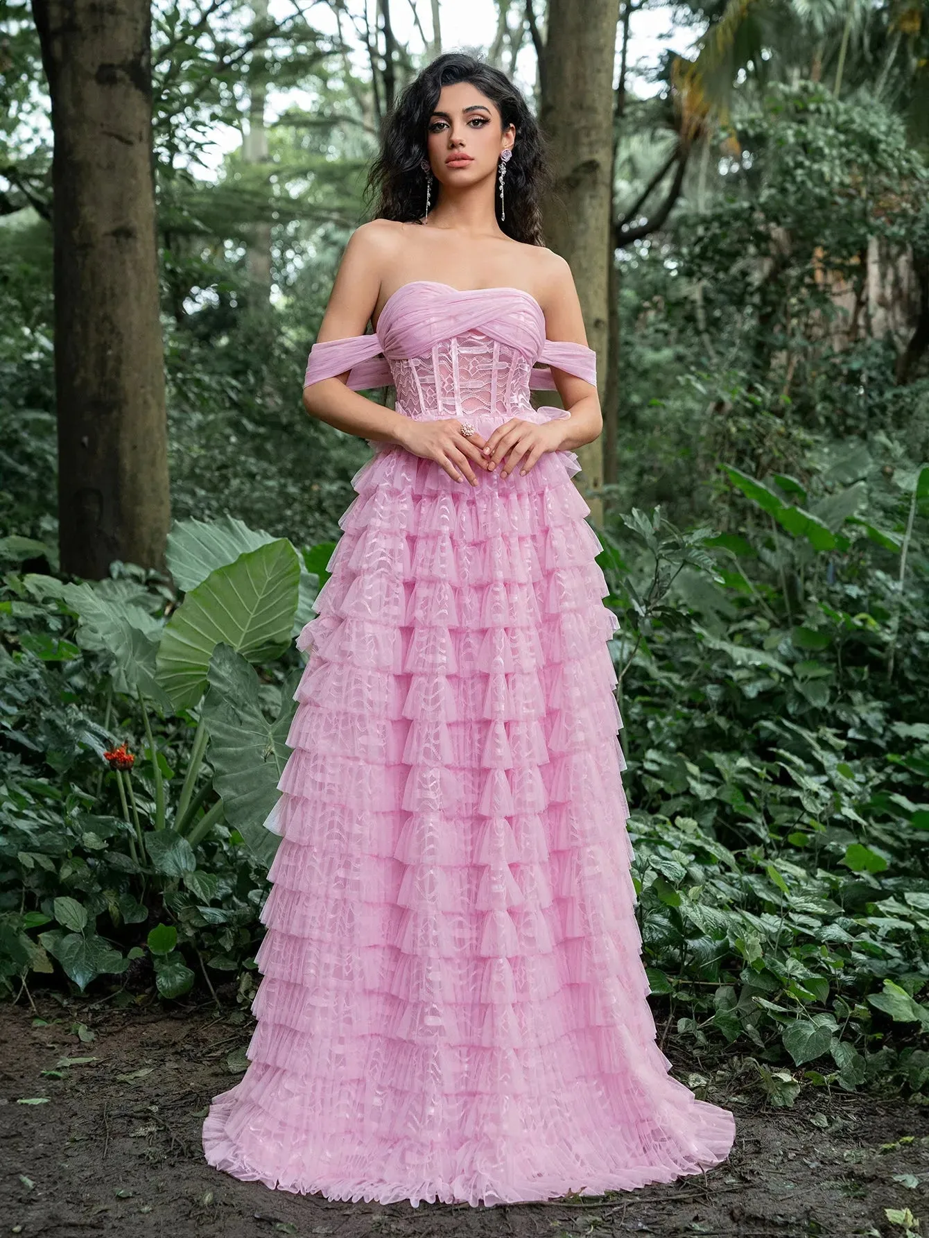 Gorgeous Off-Shoulder Bodice Cascading Ruffle Hem Prom Dress