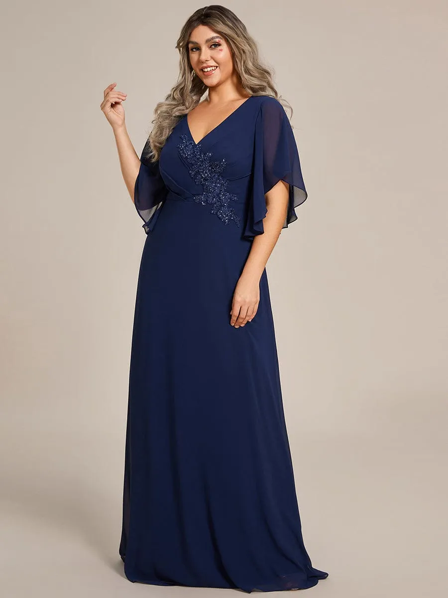 Graceful Plus Size A-line Ruffles Sleeve Chiffon Mother of the Bride Dress with Applique