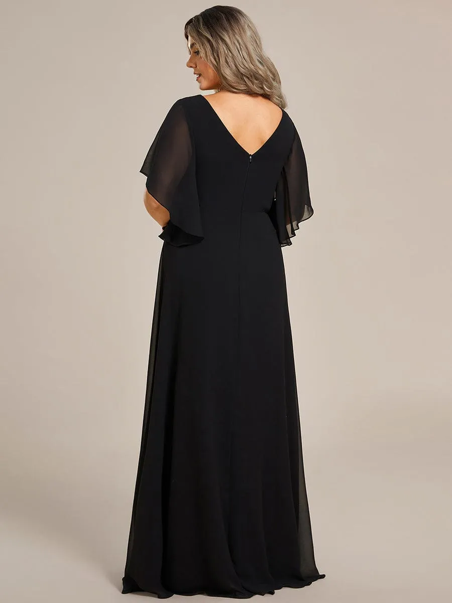 Graceful Plus Size A-line Ruffles Sleeve Chiffon Mother of the Bride Dress with Applique