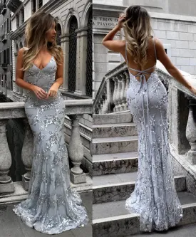 Gray lace mermaid long prom dress, gray lace evening dress S147