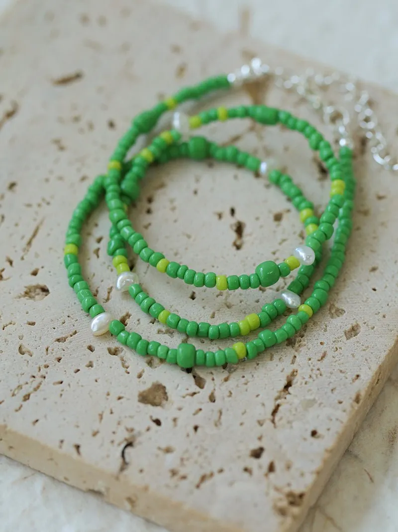 Green Ceramic Rice Bead and Pearl Bead Necklace