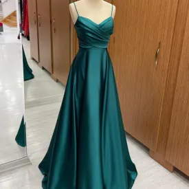 Green Satin A-Line Spaghetti Straps School Leavers Evening Dress