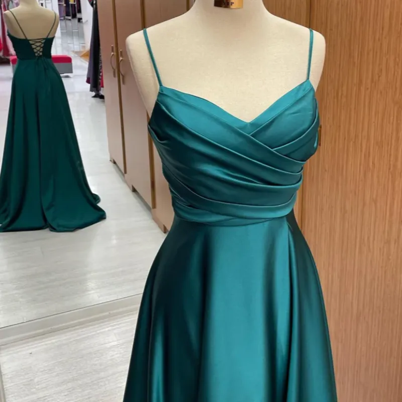 Green Satin A-Line Spaghetti Straps School Leavers Evening Dress