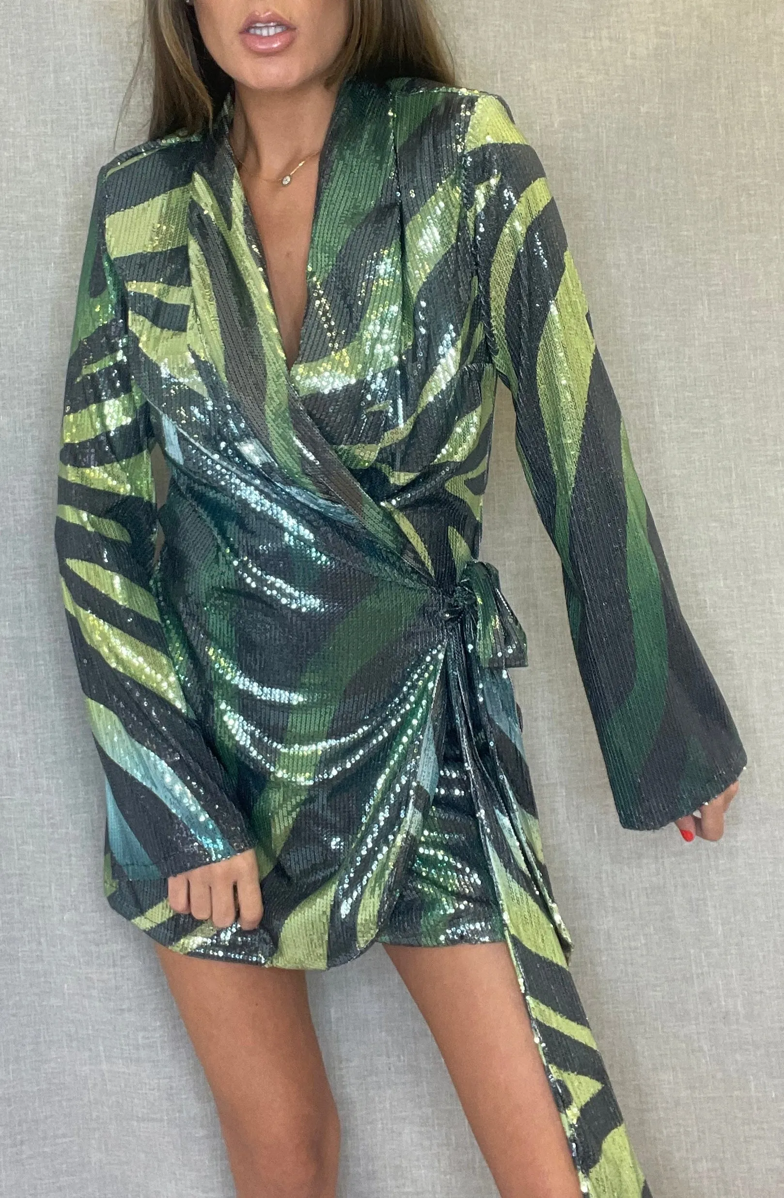 Green Tiger Print Sequin Wrap Blazer Dress