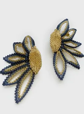 Half Petal Shaped Blue and Gold Beaded Earrings