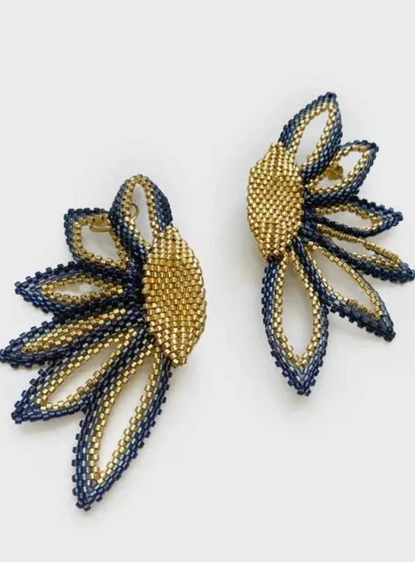 Half Petal Shaped Blue and Gold Beaded Earrings