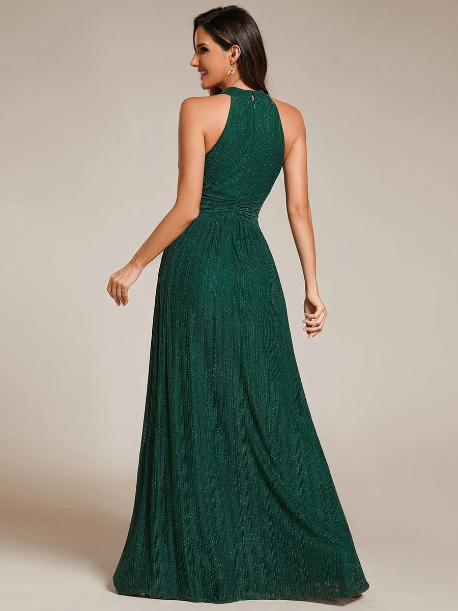 Glamorous Halter Neck Glitter Pleated Evening Dress with Empire Waist