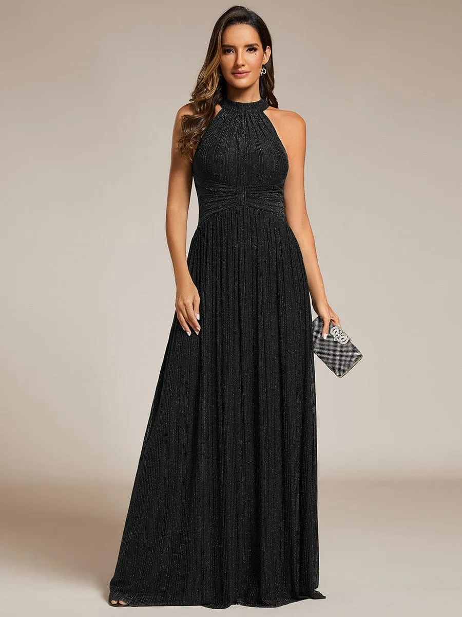 Glamorous Halter Neck Glitter Pleated Evening Dress with Empire Waist