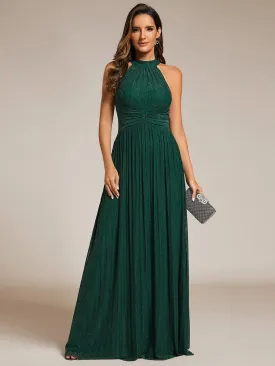 Glamorous Halter Neck Glitter Pleated Evening Dress with Empire Waist