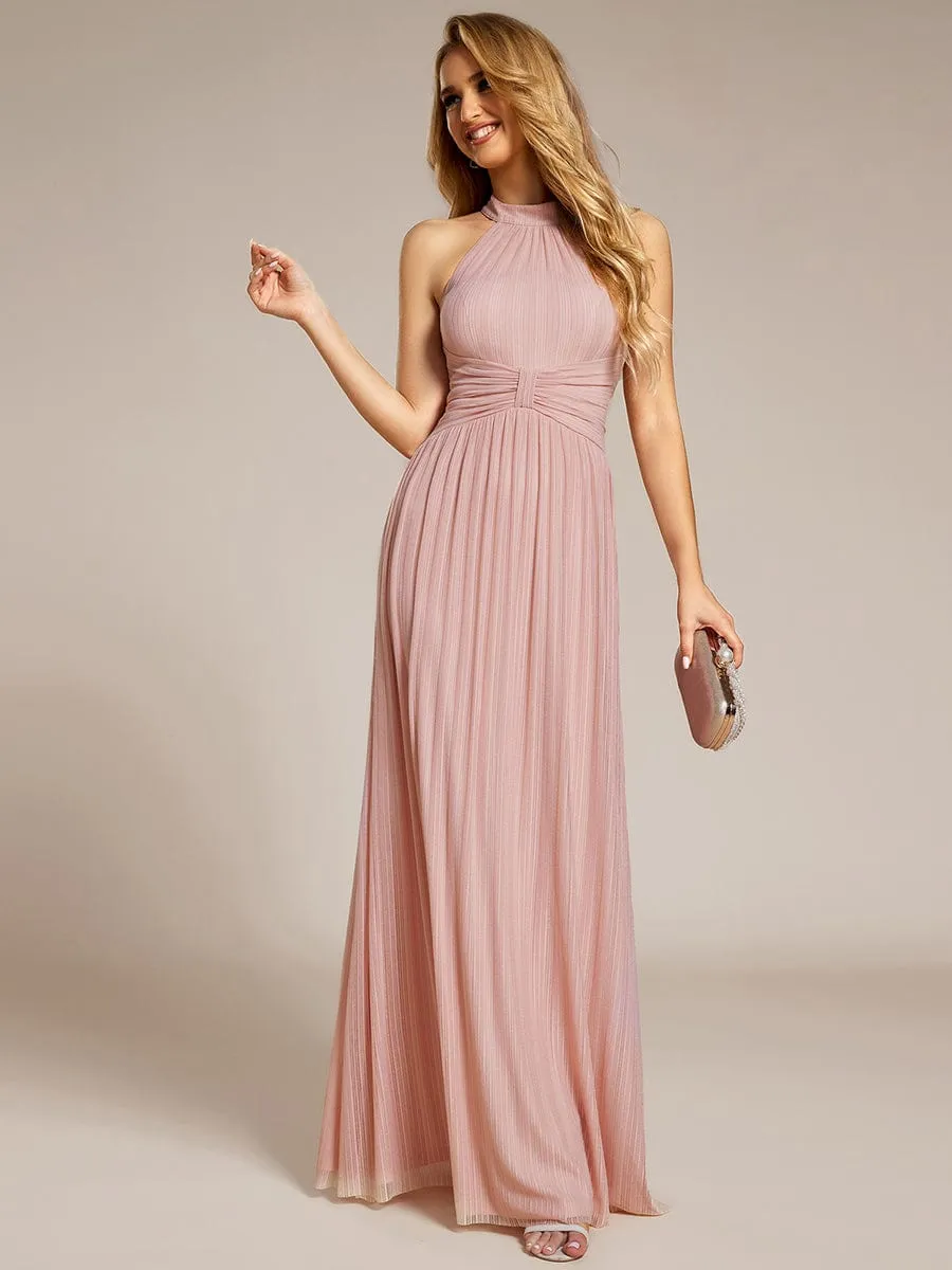 Glamorous Halter Neck Glitter Pleated Evening Dress with Empire Waist