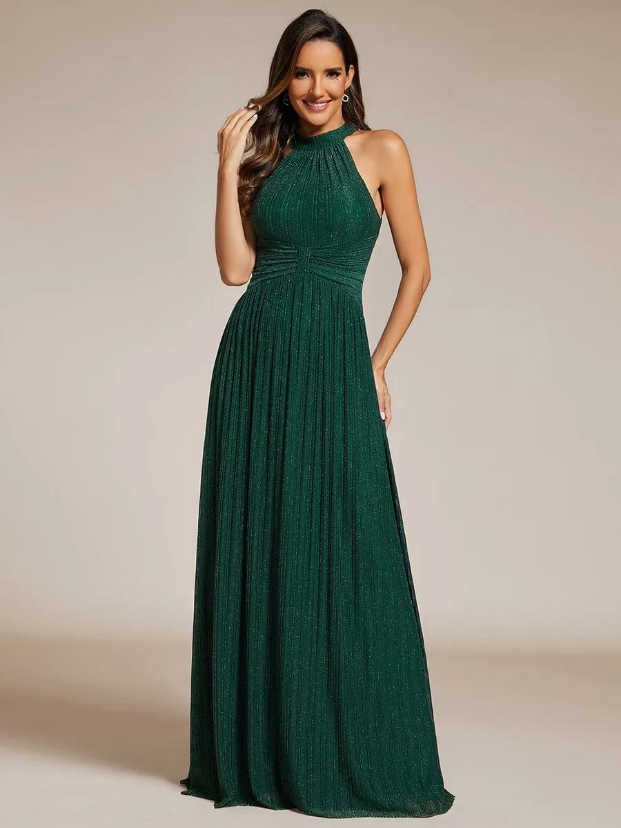 Glamorous Halter Neck Glitter Pleated Evening Dress with Empire Waist