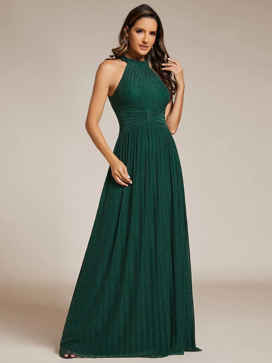 Glamorous Halter Neck Glitter Pleated Evening Dress with Empire Waist