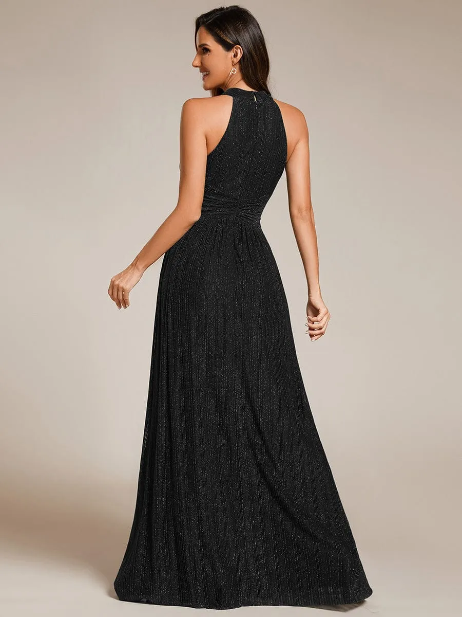 Glamorous Halter Neck Glitter Pleated Evening Dress with Empire Waist