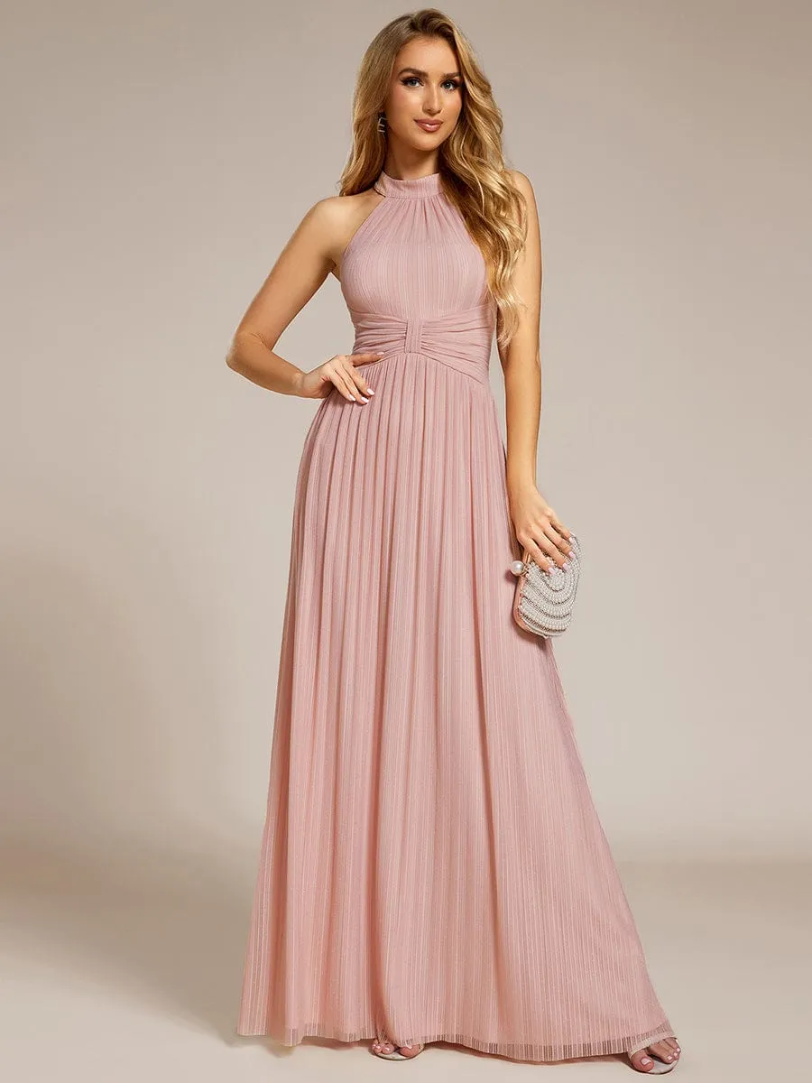 Glamorous Halter Neck Glitter Pleated Evening Dress with Empire Waist