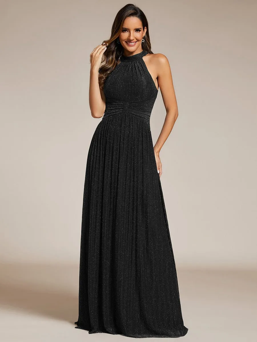 Glamorous Halter Neck Glitter Pleated Evening Dress with Empire Waist