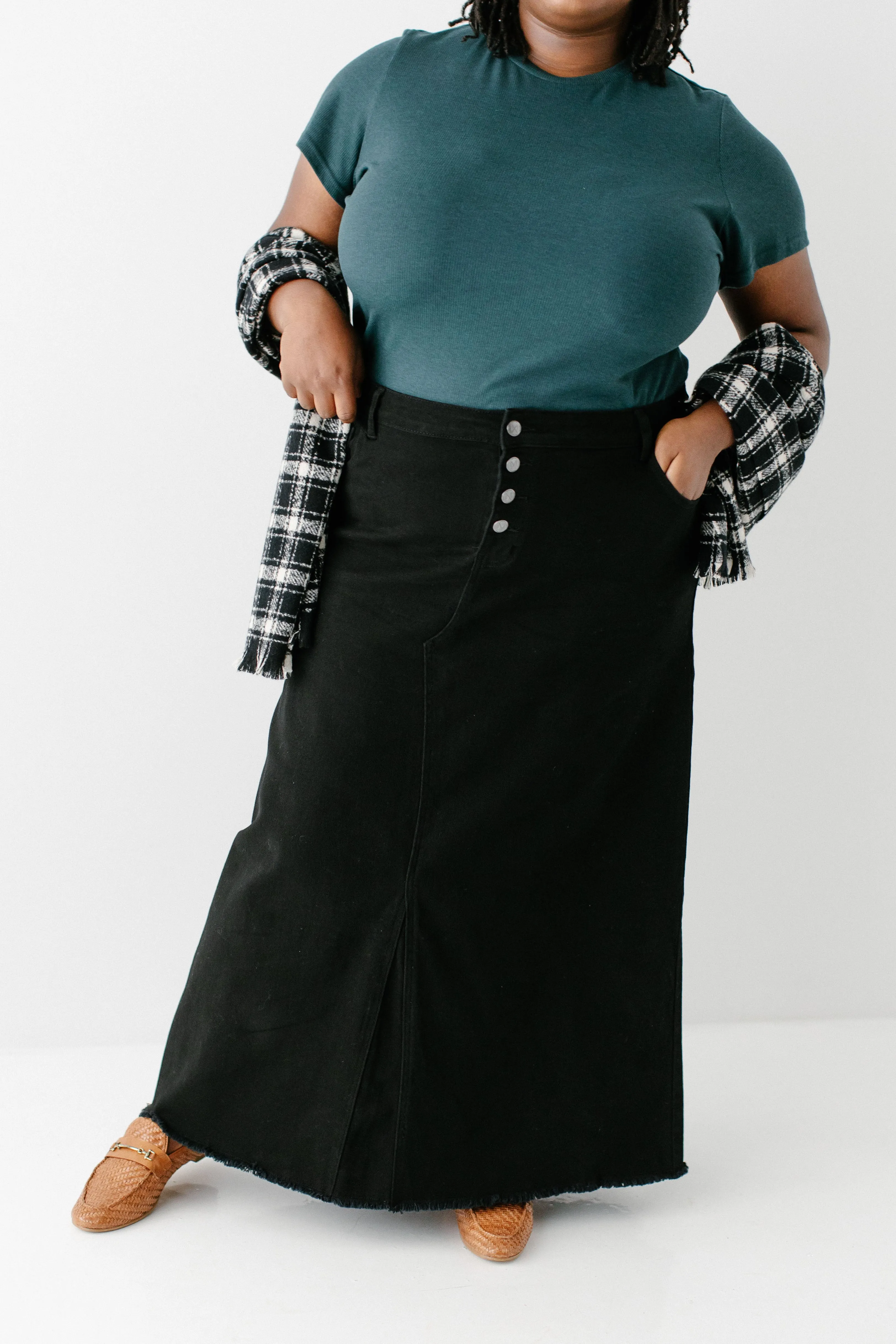 'Haven' Long Knit Denim Skirt in Black