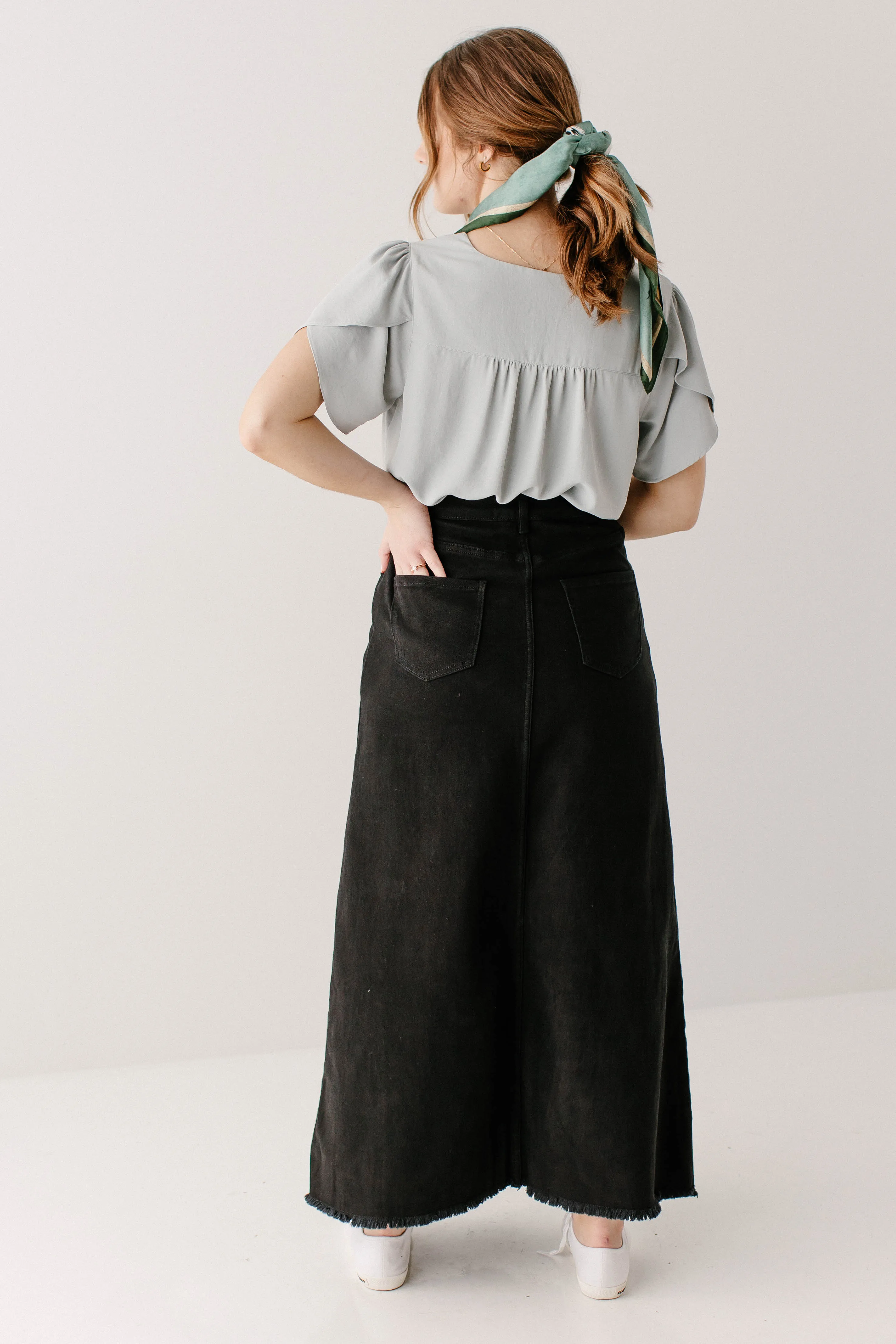 'Haven' Long Knit Denim Skirt in Black