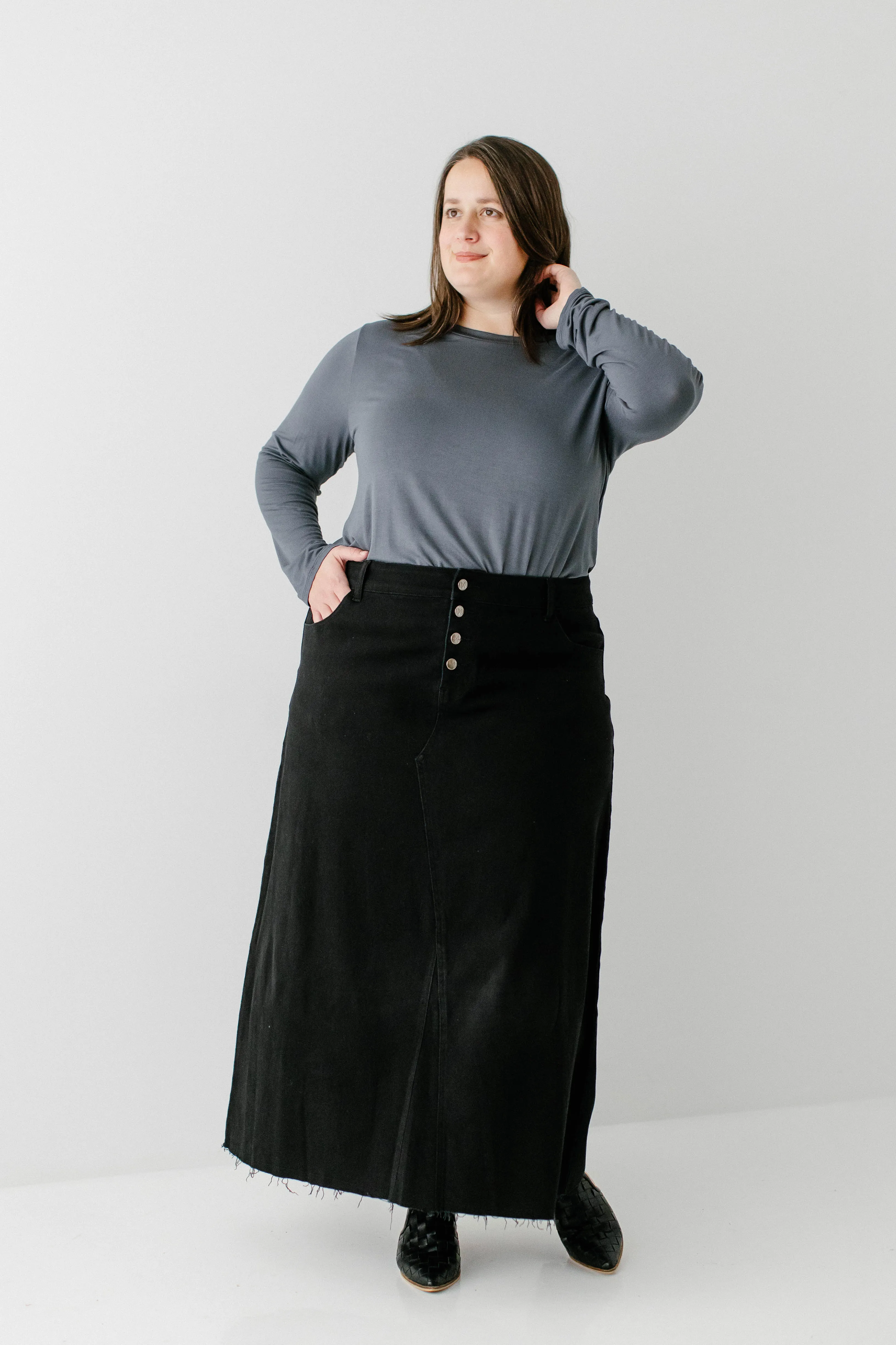 'Haven' Long Knit Denim Skirt in Black