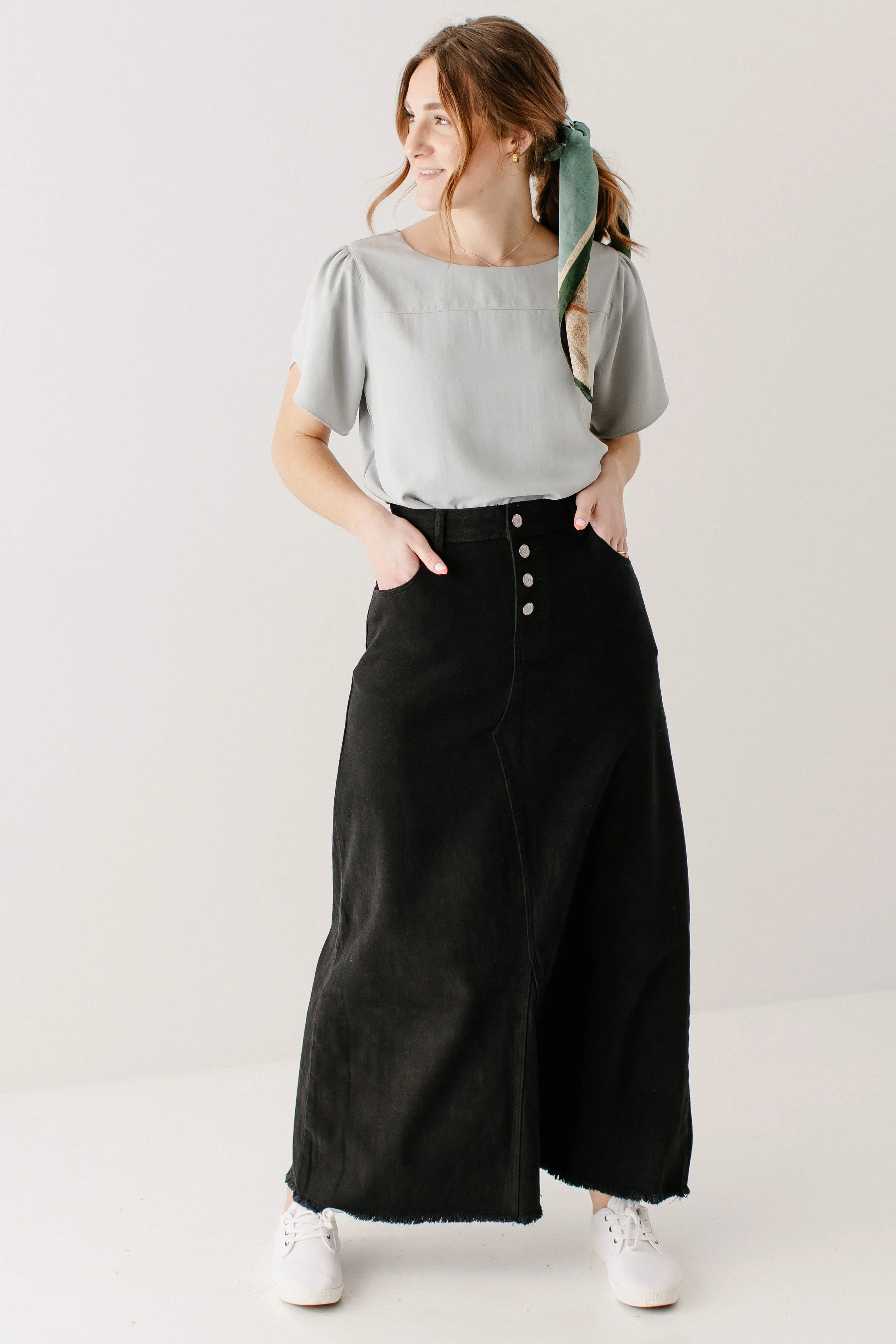 'Haven' Long Knit Denim Skirt in Black