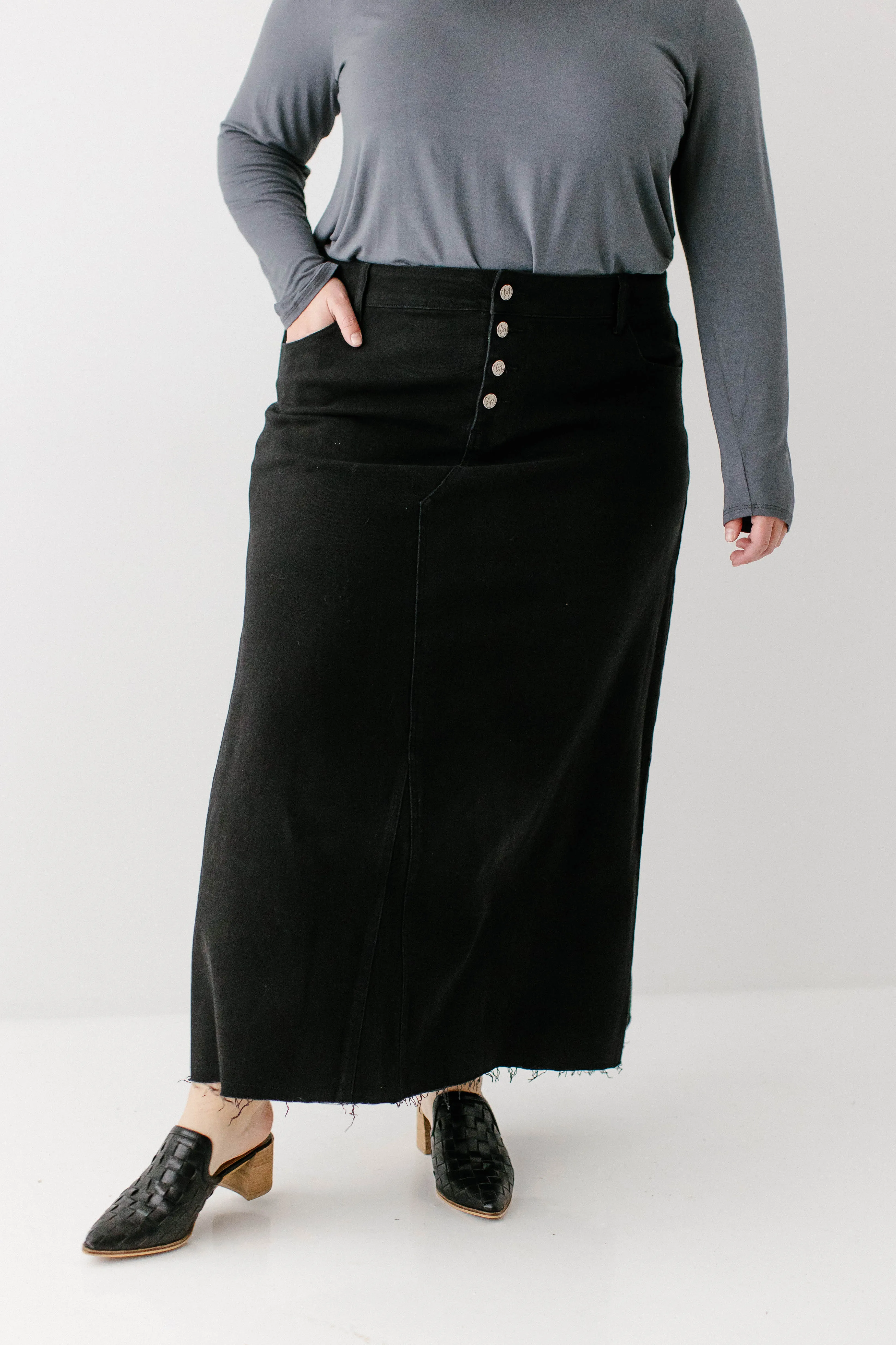 'Haven' Long Knit Denim Skirt in Black