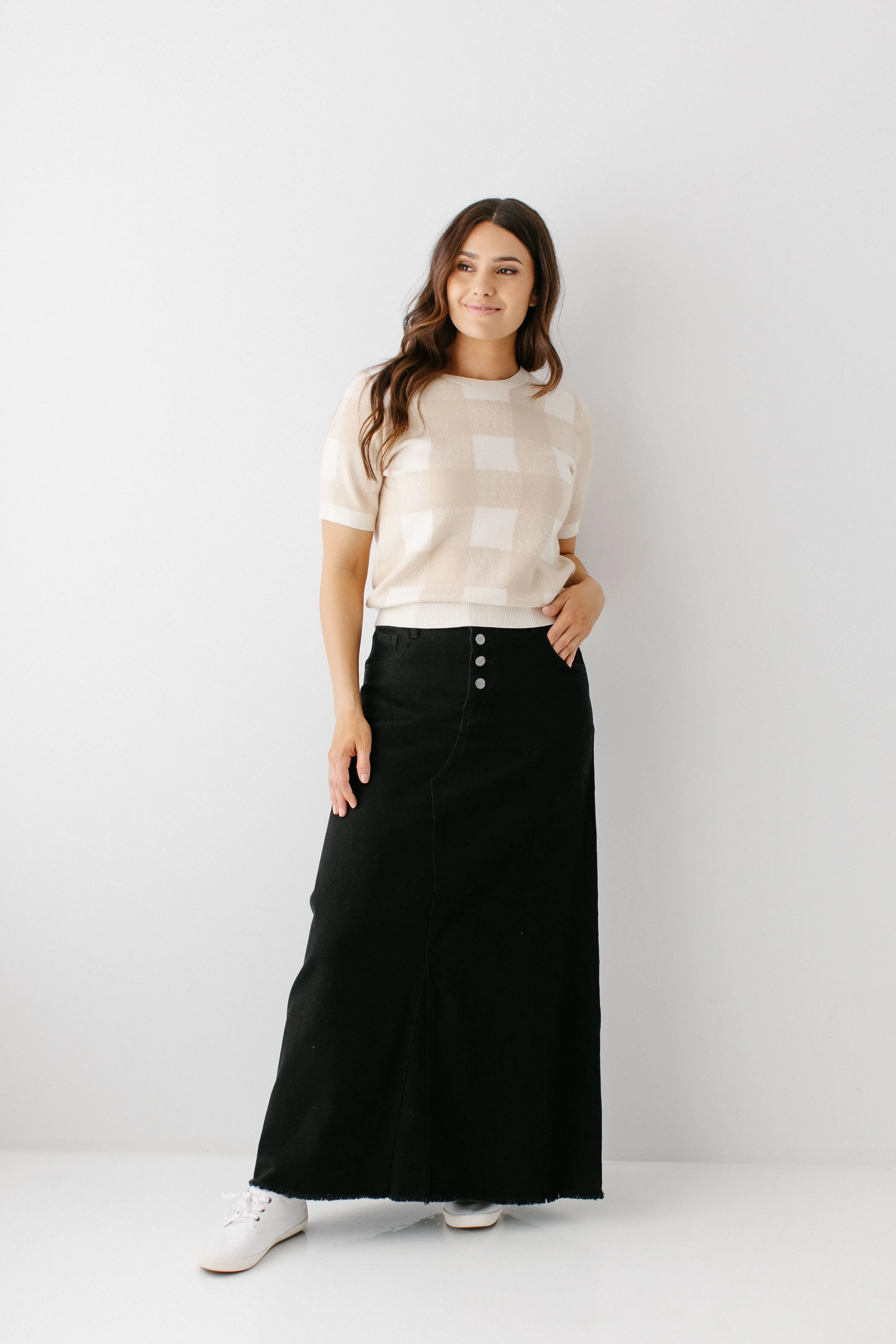 'Haven' Long Knit Denim Skirt in Black