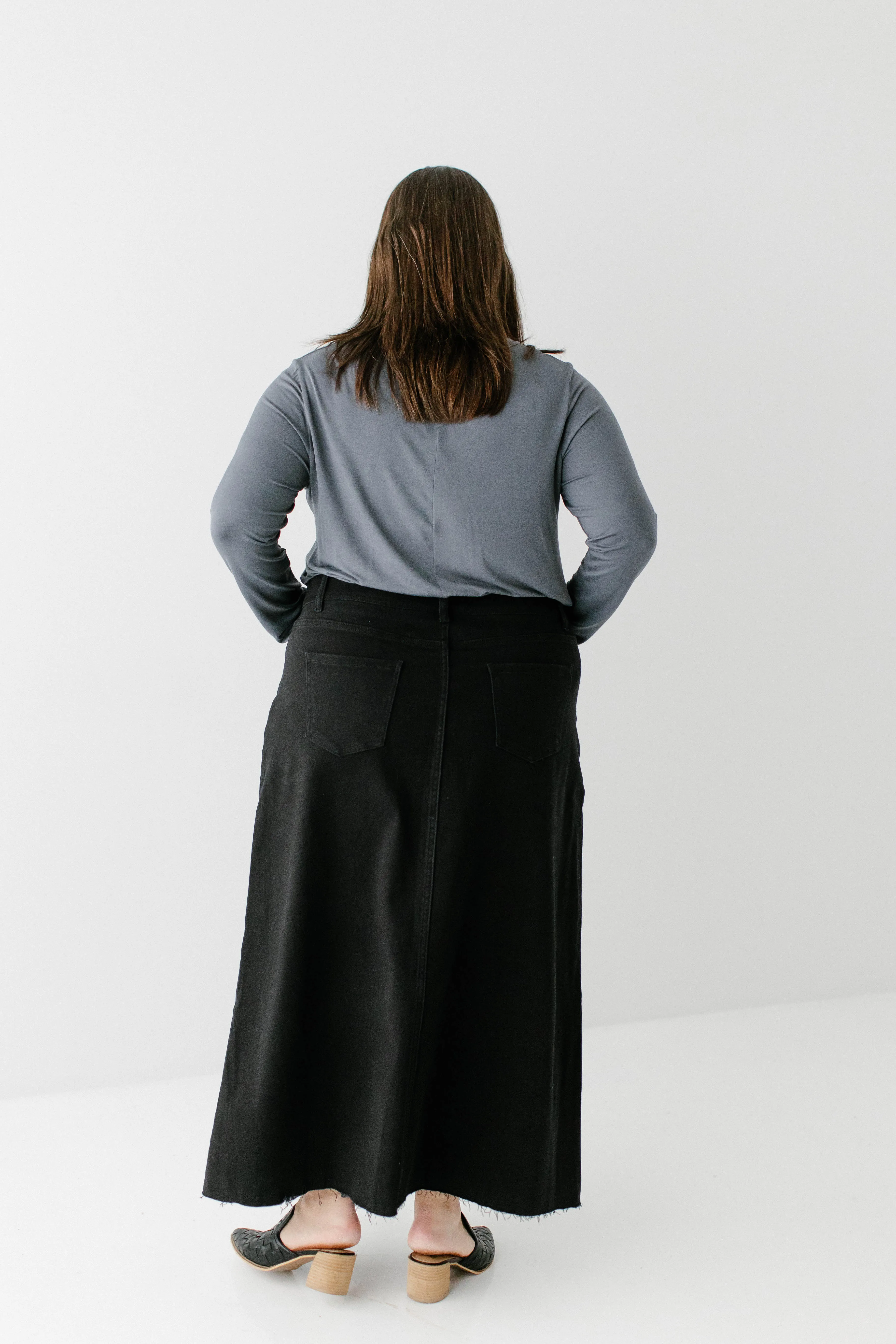 'Haven' Long Knit Denim Skirt in Black