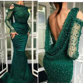 hunter green beaded evening dresses long sleeve mermaid peals elegant sexy formal dress vestido de longo