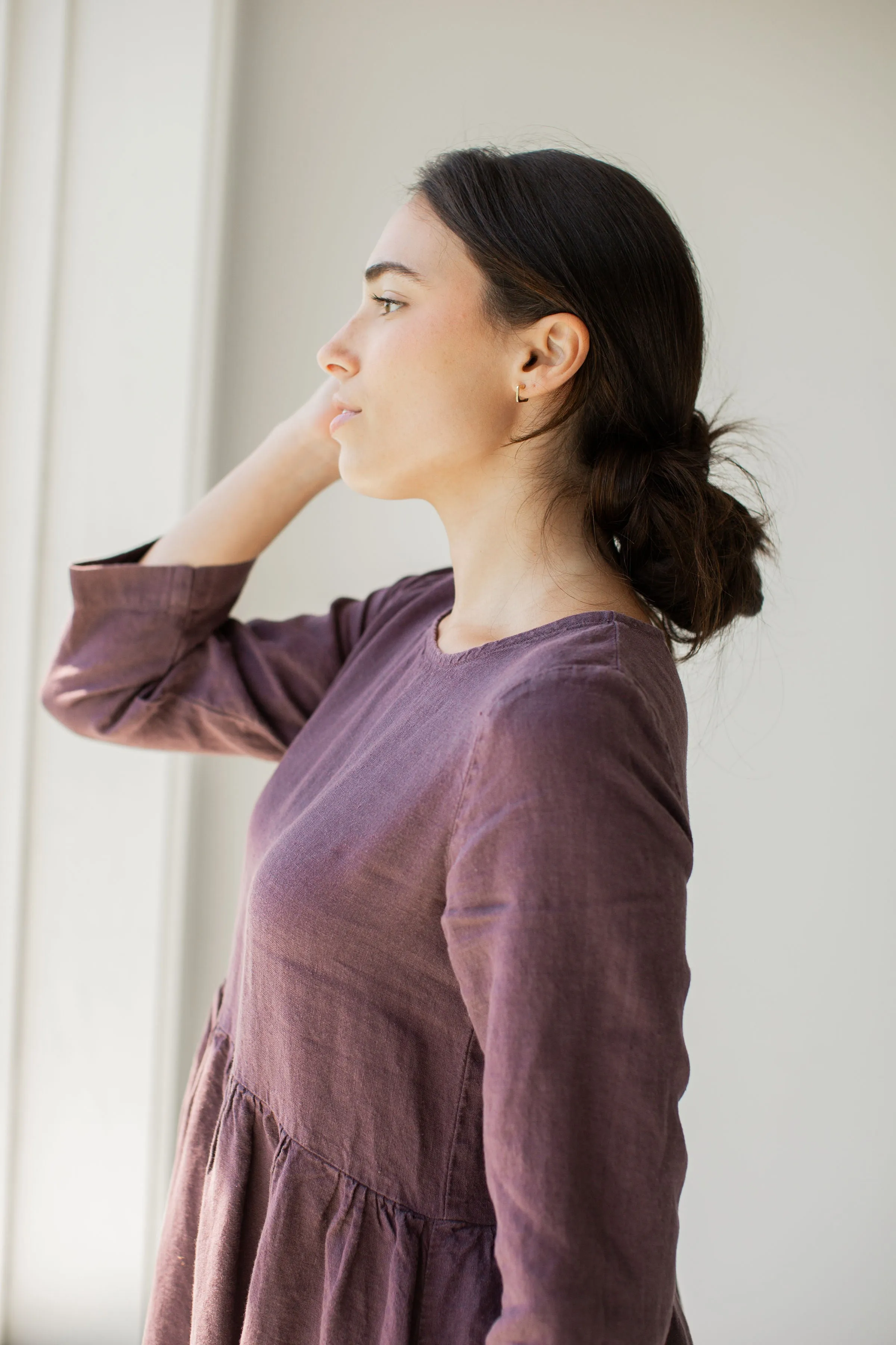 'Joan' Organic Linen Quarter Sleeve Midi Dress in Dusty Purple