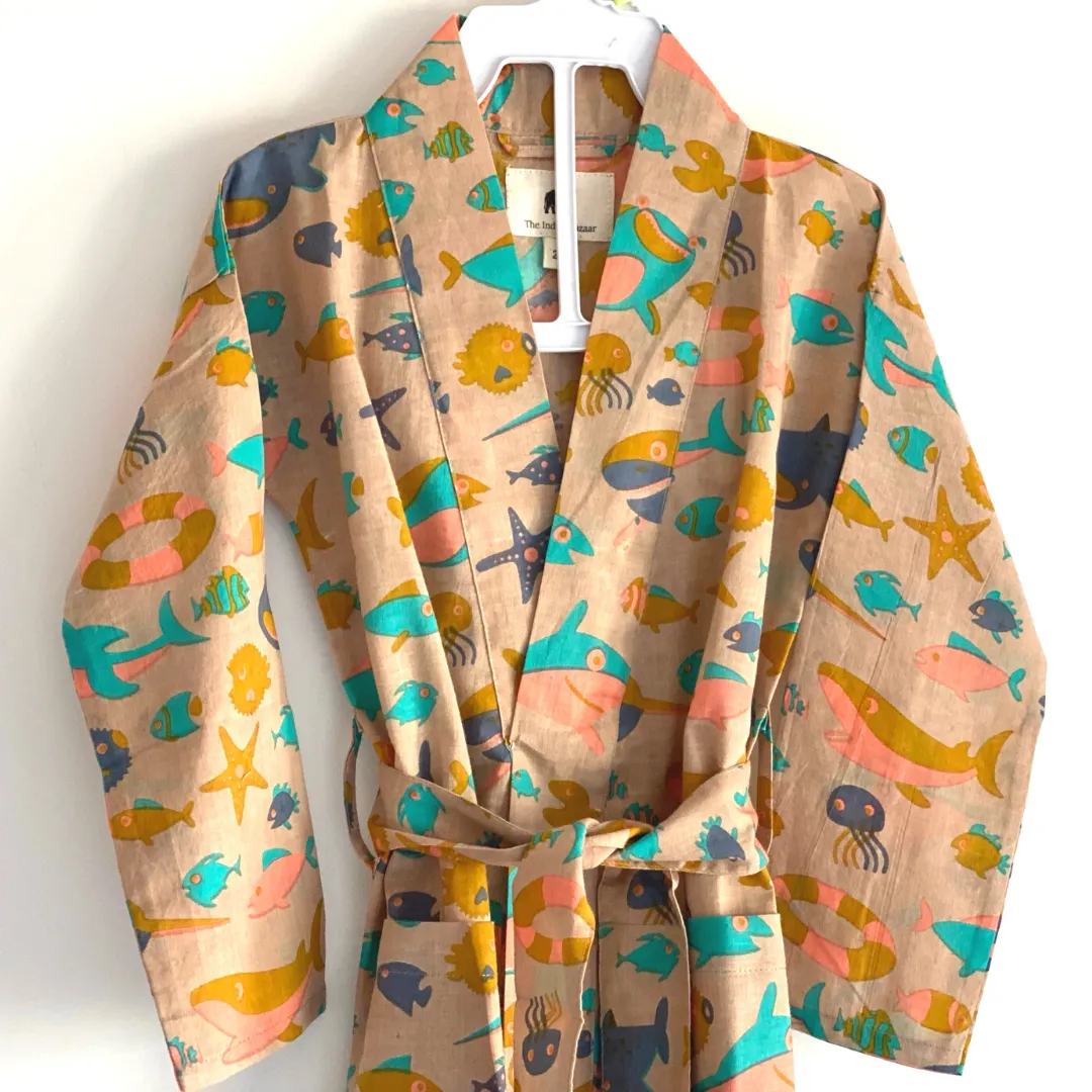 Kids Unisex Robe - Cotton Hand Block Print Fabric - Fish