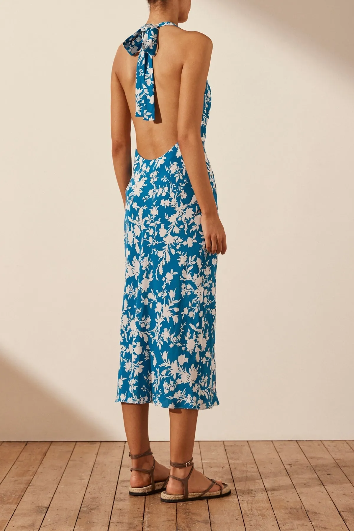 LAYSAN SILK HALTER LOW BACK MIDI DRESS