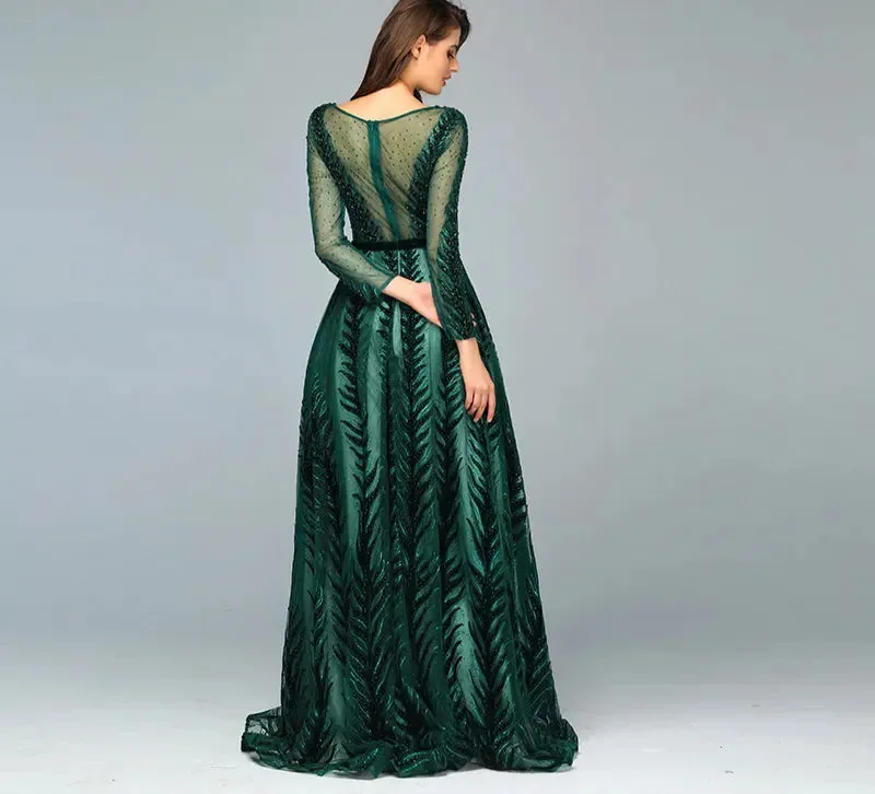 Leila - Green Evening Gown With Long Sleeves