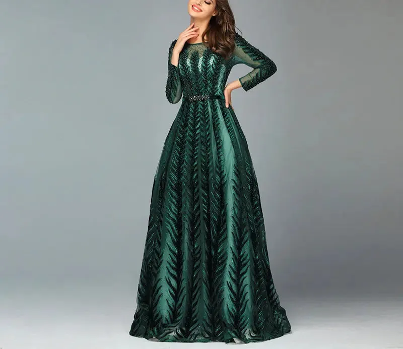 Leila - Green Evening Gown With Long Sleeves