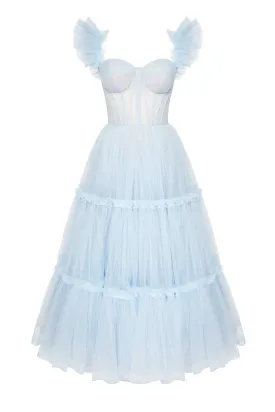 Light Blue Ruffled Tulle Midi Dress