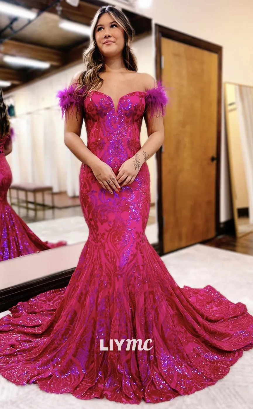 LP1010 - Off Shoulder Feathers Mermaid Long Semi Formal Prom Dress