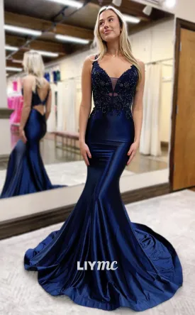 LP1022 - Plunging Illusion V Neck Beads Mermaid Formal Prom Party Dress with Slit