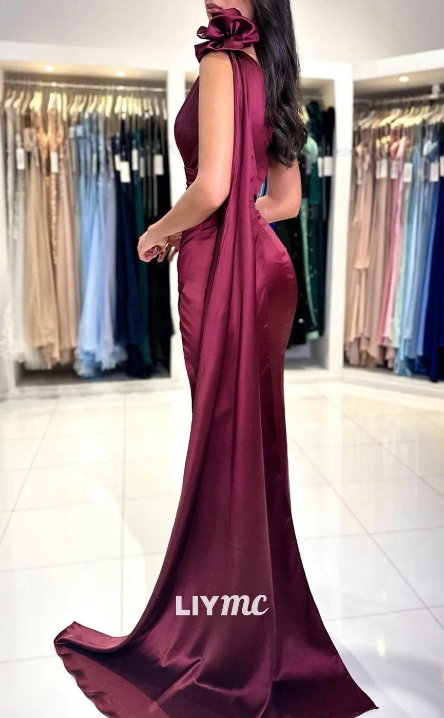 LP1048 - One Shoulder Satin Ruched Mermiad Formal Prom Dress with Slit