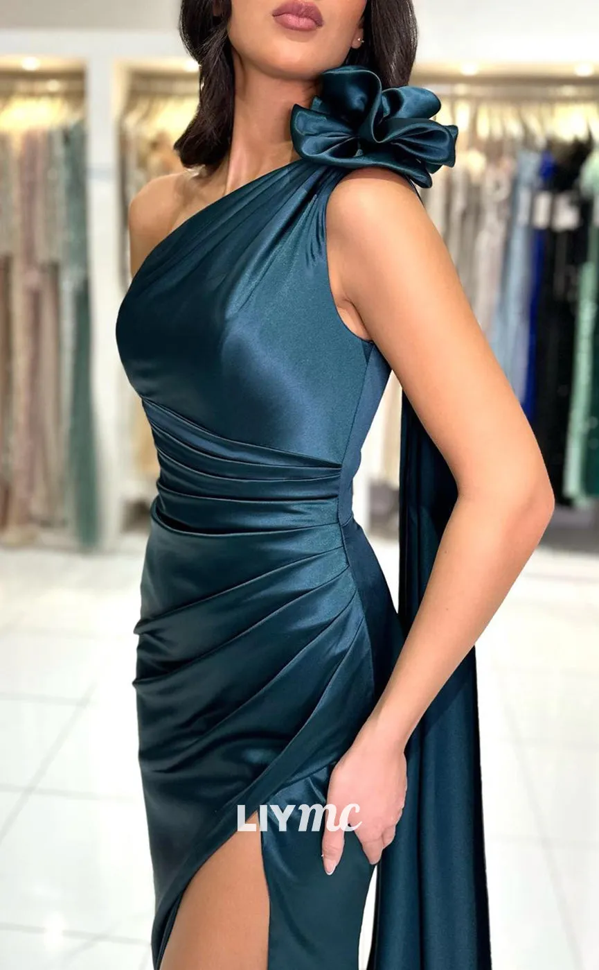 LP1048 - One Shoulder Satin Ruched Mermiad Formal Prom Dress with Slit