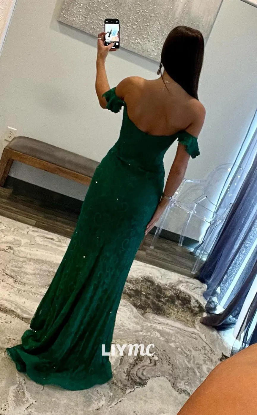 LP1080 - Off Shoulder Illusion V Neck Lace Mermaid Formal Prom Dress