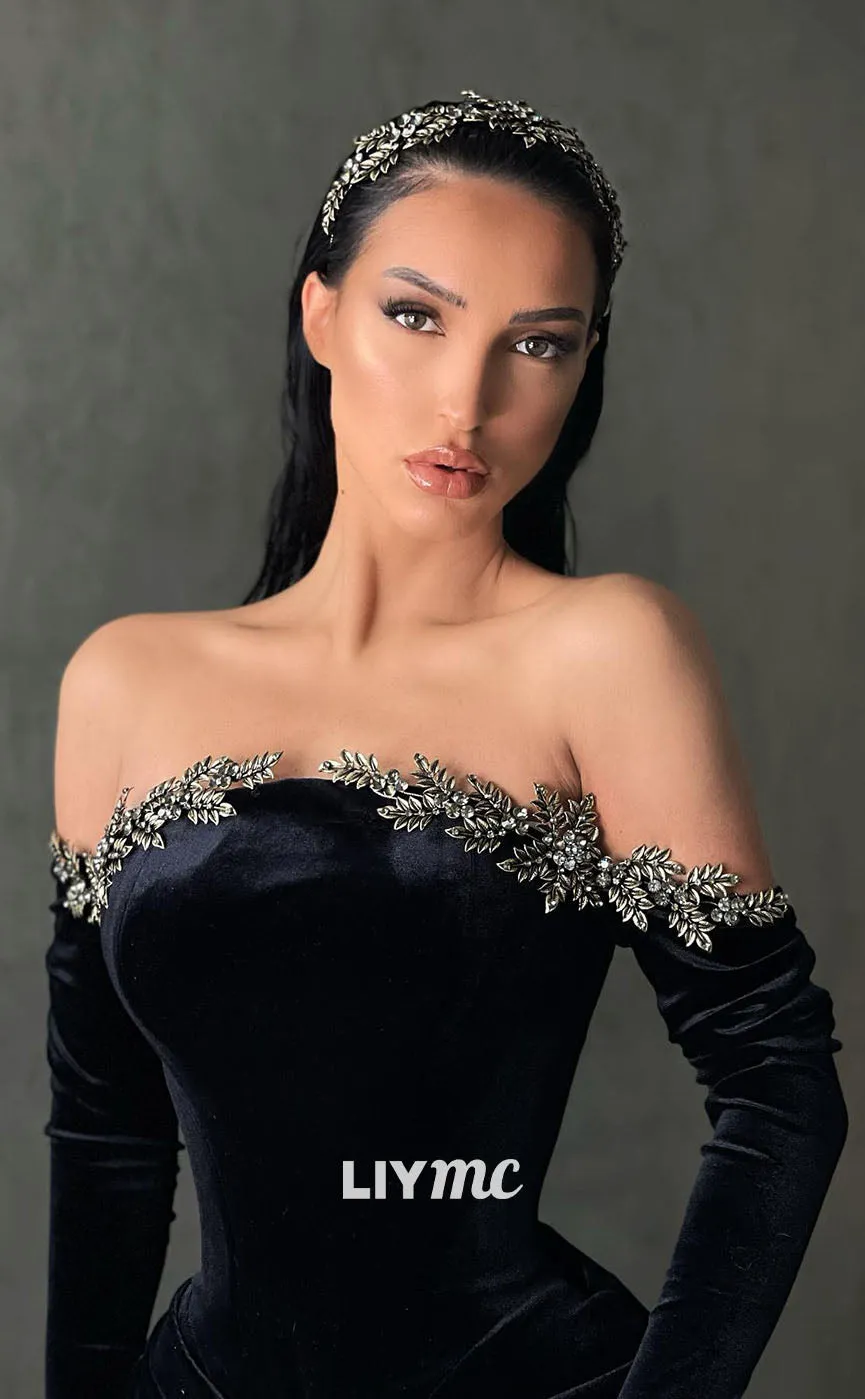 LP1114 - Off Shoulder Beads Black Velvet Ruched Long Sleeves Mermiad Formal Prom Dress