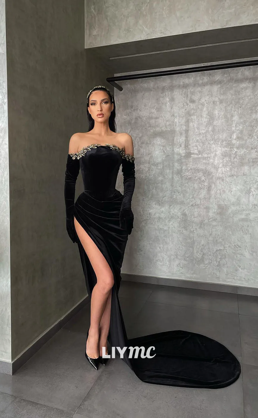 LP1114 - Off Shoulder Beads Black Velvet Ruched Long Sleeves Mermiad Formal Prom Dress