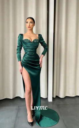 LP1119 - Sheath/Column Sweetheart Satin Ruched Long Sleeves Mermaid Formal Prom Dress